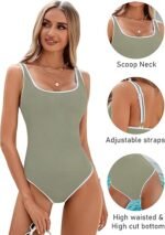 Women's Matcha Green One Piece Swimsuit with White Trim: Adjustable Strap, Ribbed, High Cut for Sports & Beachï¼ˆXXLï¼‰ - Image 3