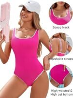 Women's Red One Piece Swimsuit with White Trim: Adjustable Strap, Ribbed, High Cut for Sports & Beachï¼ˆMï¼‰ - Image 3