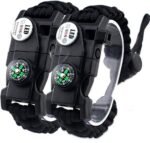 21 in 1 Survival Bracelet, Paracord Emergency Outdoor Sports Wristband Kit Waterproof Compass, SOS LED Light, Thermometer, Rescue Whistle, Fire Starter. Multi 21 Tools (Black 2 Pc)