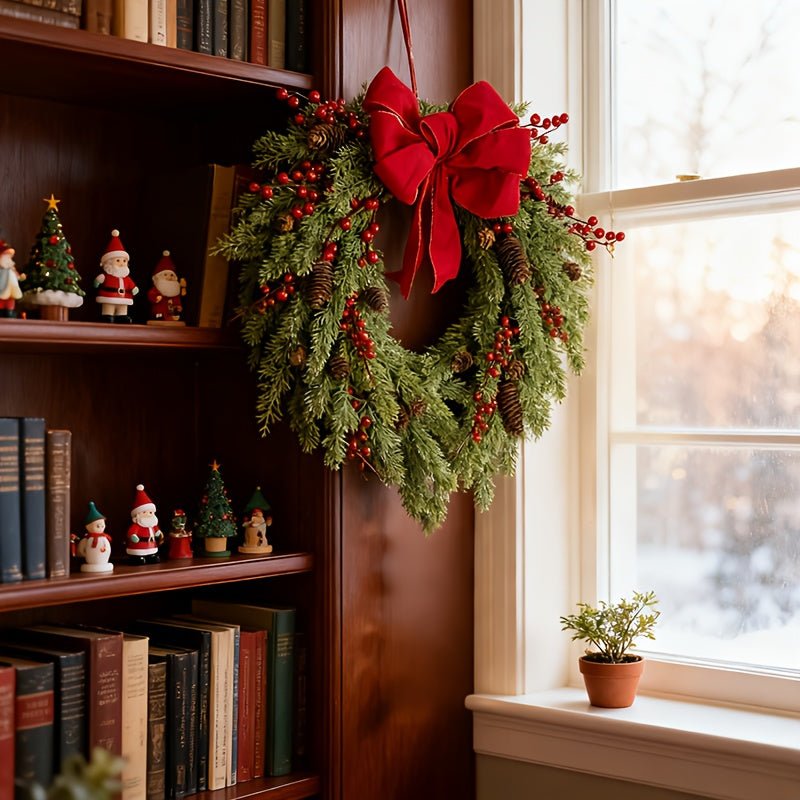 V1142-PB601103876884296-202603021400-00 Pine Needle Red Berry Wreath with Heart Bow - Image 1