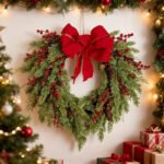 Pine Needle Red Berry Wreath with Heart Bow - Image 3