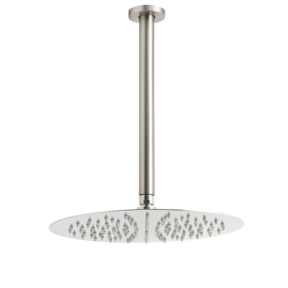V1233-A511300NKSR112N-202602062055-00 Brushed Nickel Round 12" Shower Rain Head + 300mm Brass Ceiling Dropper Arm Set - Image 1