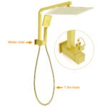 Brushed Gold Twin Shower 12" Rain Head Handheld Diverter Gooseneck Arm Set Square Wall Mixer - Image 2