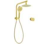 WELS Brushed Gold Round Twin Shower Head Set Stainless Steel Handheld Gooseneck Arm Wall Mixer