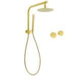 WELS Brushed Gold Round 2in1 Shower Head Set Ergonomic Handheld Gooseneck Arm Twin Taps