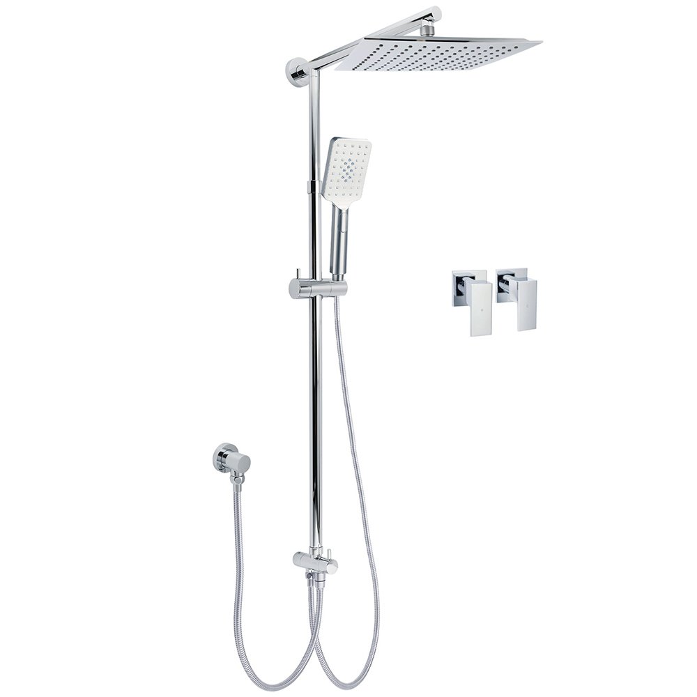 V1233-HS002M4CSC842SS1001CPF0272A-202602062316-00 WELS Chrome Square 10" Rain Shower Head 3 Mode Handheld Sliding Rail Wall Arm Taps Set - Image 1