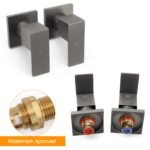 Gun Metal Grey Square 1/4 Quarter Turn Wall Twin Taps For Shower Basin Spout Set - Image 3