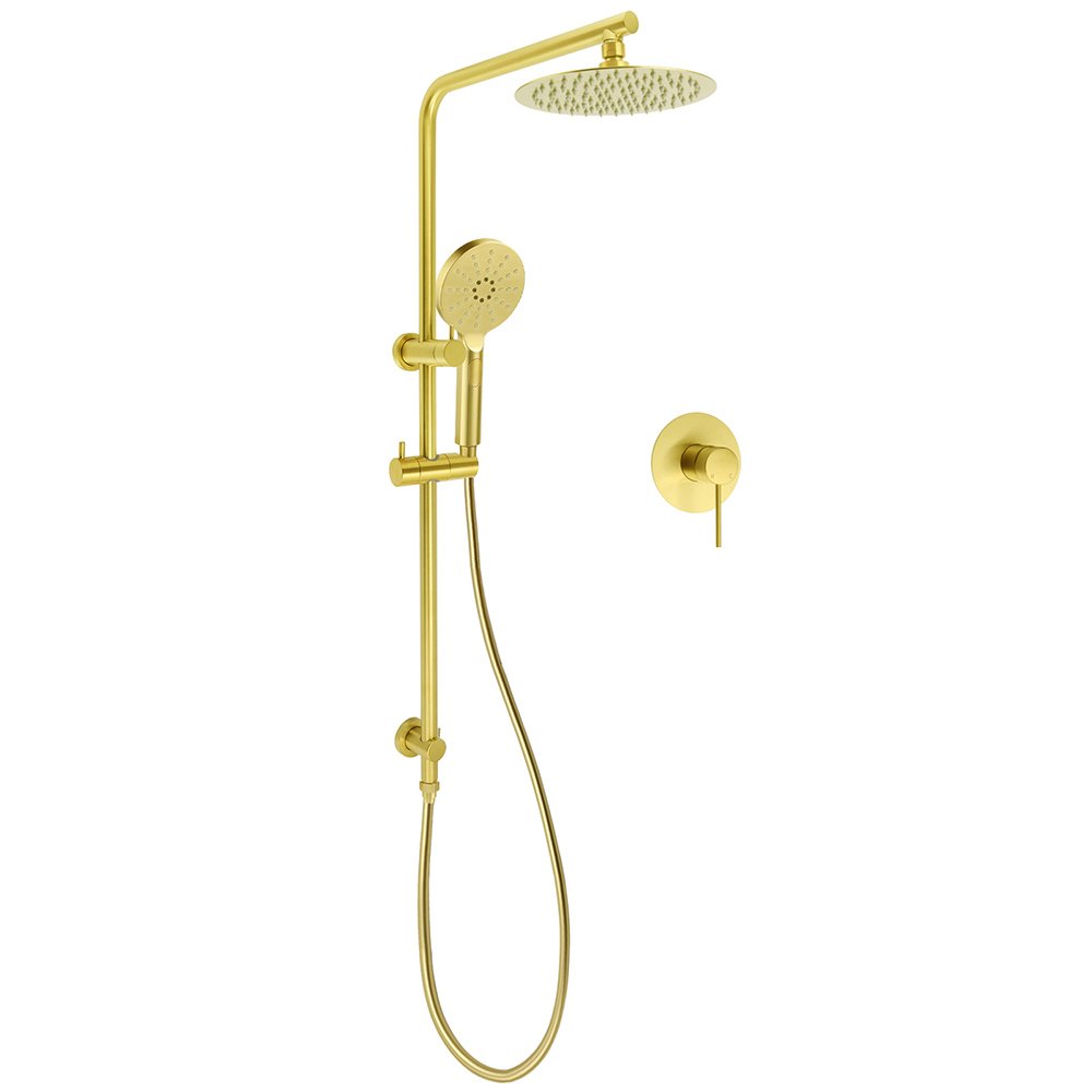 V1233-S4902ABGHR002M4CGKSR108GKRD201G-202602062347-00 Brushed Gold Twin Shower Set 8" Round Head 3 Modes Handheld Sliding Rail Arm + Mixer - Image 1