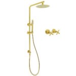 Brushed Gold Twin Shower Set 8" Round Head One Mode Handheld Sliding Rail Arm Classic Mixer