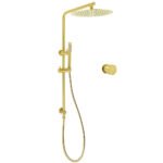 Brushed Gold Twin Shower Large Round 12" Rain Head Metal Rose Silde Wall Rail Arm Mixer Valve