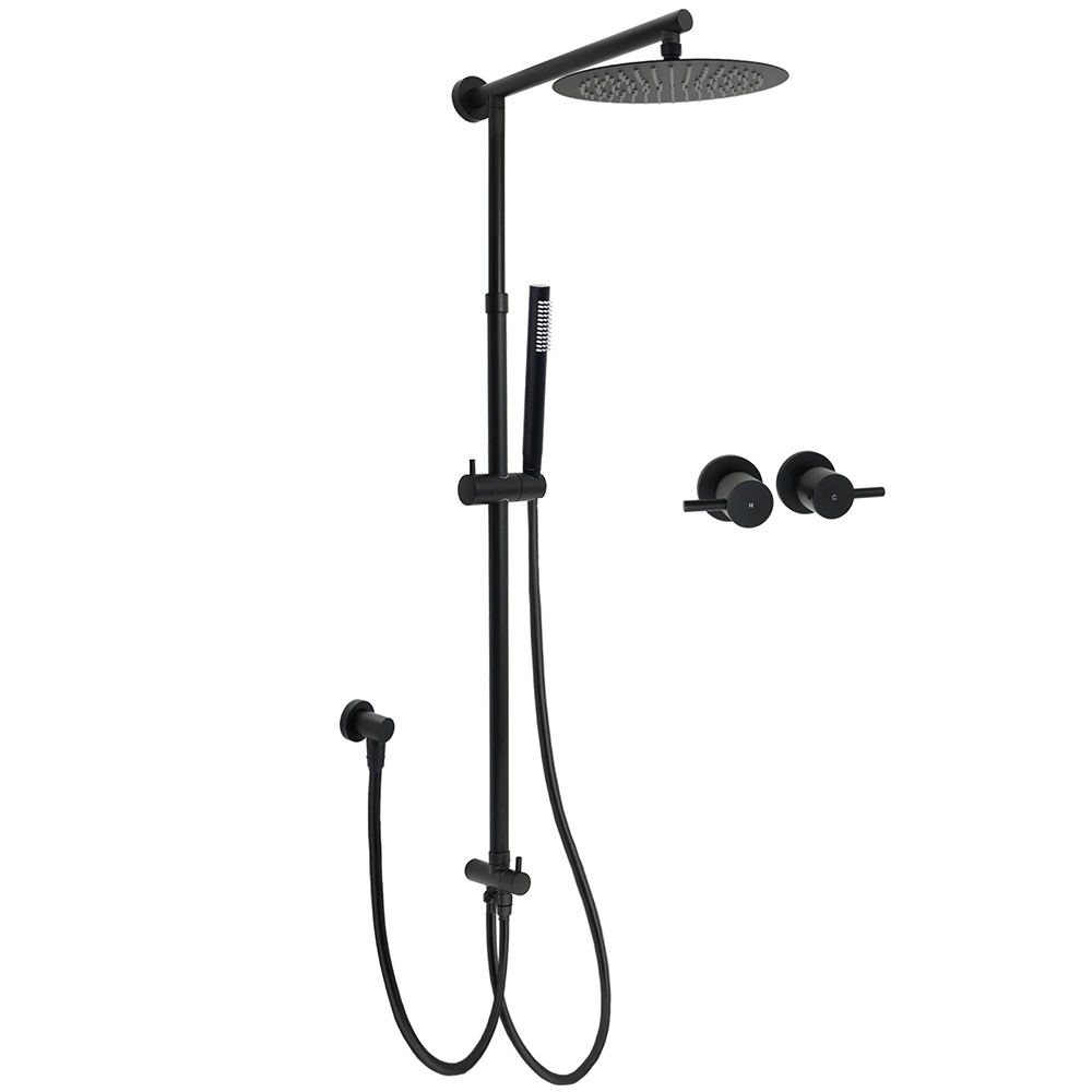 V1233-SC842BSS019CBLKSR110BCF0282ABK-202602062315-00 Matt Black Round Dual Shower Set 10" Rain Head Metal Handheld Sliding Rail Arm Twin Taps - Image 1