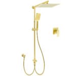 WELS Brushed Gold Square 12" Rainfall Head 3 Modes Handheld Sliding Rail Wall Mixer 2in1 Shower Set