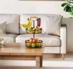 2-Tier Fruit Basket Bowl Storage with Wood Lift Handle and Dual Banana Tree Hanger for Kitchen Countertop - Image 2