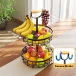 2-Tier Fruit Basket Bowl Storage with Wood Lift Handle and Dual Banana Tree Hanger for Kitchen Countertop - Image 4