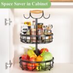 2-Tier Fruit Basket Bowl Storage with Wood Lift Handle and Dual Banana Tree Hanger for Kitchen Countertop - Image 6