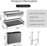 CARLA HOME 2-Tier Dish Drying Rack with Drainage Tray, Utensil Holder, Cup Hooks & Cutting Board Rack for Kitchen (Black) - Image 2