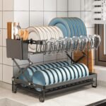 CARLA HOME 2-Tier Dish Drying Rack with Drainage Tray, Utensil Holder, Cup Hooks & Cutting Board Rack for Kitchen (Black) - Image 3