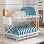 CARLA HOME 2-Tier Dish Drying Rack with Drainage Tray, Utensil Holder, Cup Hooks & Cutting Board Rack for Kitchen (White) - Image 3