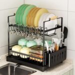CARLA HOME 2-Tier Large Dish Drying Rack with Drainboard, Utensil Holder, Glass Hooks & Cutlery Storage (Black) - Image 8