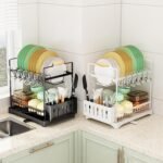 CARLA HOME 2-Tier Large Dish Drying Rack with Drainboard, Utensil Holder, Glass Hooks & Cutlery Storage (White) - Image 10