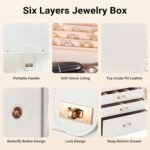 CARLA HOME 6-Layer Large Jewelry Box for Women withDrawers, Mirror, Lock, Necklace Hooks & Side Compartments for Rings, Earrings, Bracelets, Gifts (White) - Image 5