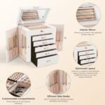CARLA HOME 6-Layer Large Jewelry Box for Women withDrawers, Mirror, Lock, Necklace Hooks & Side Compartments for Rings, Earrings, Bracelets, Gifts (White) - Image 6