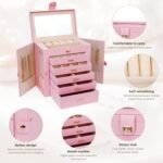 CARLA HOME 6-Layer Large Jewelry Box for Women withDrawers, Mirror, Lock, Necklace Hooks & Side Compartments for Rings, Earrings, Bracelets, Gifts (Pink) - Image 5