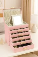 CARLA HOME  6-Layer Large Jewelry Organizer Box for Women with Mirror, Drawers, Hooks & Dividers for Rings, Necklaces, Bracelets, Ideal Gift for Women (Pink) - Image 2