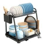CARLA HOME 2-Tier Dish Drying Rack for Kitchen Countertop with Drainage Tray, Utensil Holder, Cutting Board Slot & Cup Hooks - Image 6