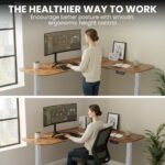 FORTIA Corner Standing Desk, 160x140cm, 72-118cm Sit to Stand Up Electric Height Adjustable, Walnut Style Desktop/Silver Frame - Image 2