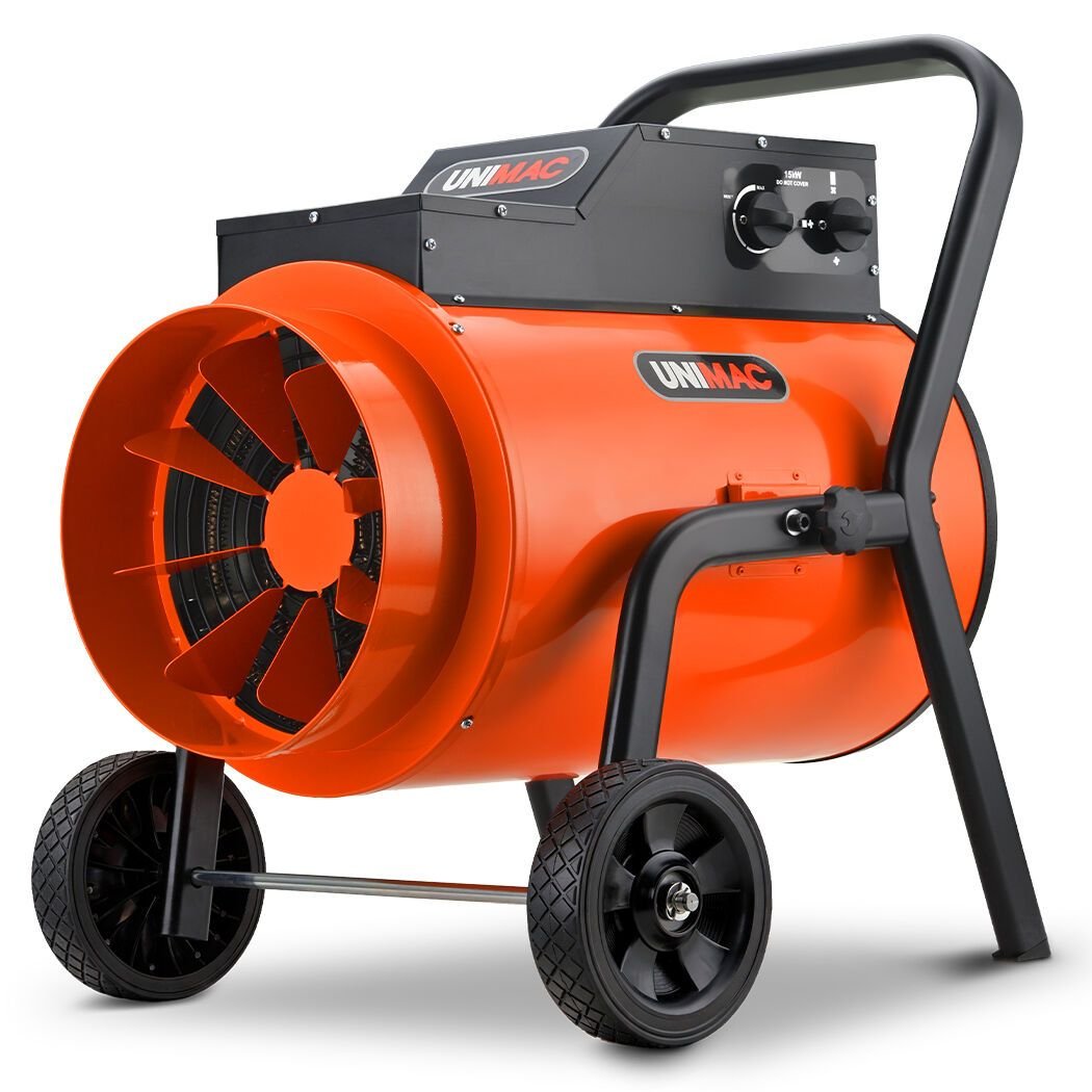 V219-HEACHTUM8XCA-00 UNIMAC 15kW Portable Industrial Electric Space Fan Heater, 32A 3 Phase, Wheel Mounted, Adjustable Thermostat, High Power for Workshop and Warehouse Use - Image 1
