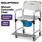 Equipmed Commode Shower Chair, Over Toilet or Bedside 136kg Capacity Aluminium frame with Wheels, White/Blue - Image 3