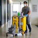 AUCH Janitor Cleaning Trolley, Housekeeping Cart, 3 Shelves, Tool Storage Clamp, Wet Sign Hook, Quiet Wheels, Grey - Image 5