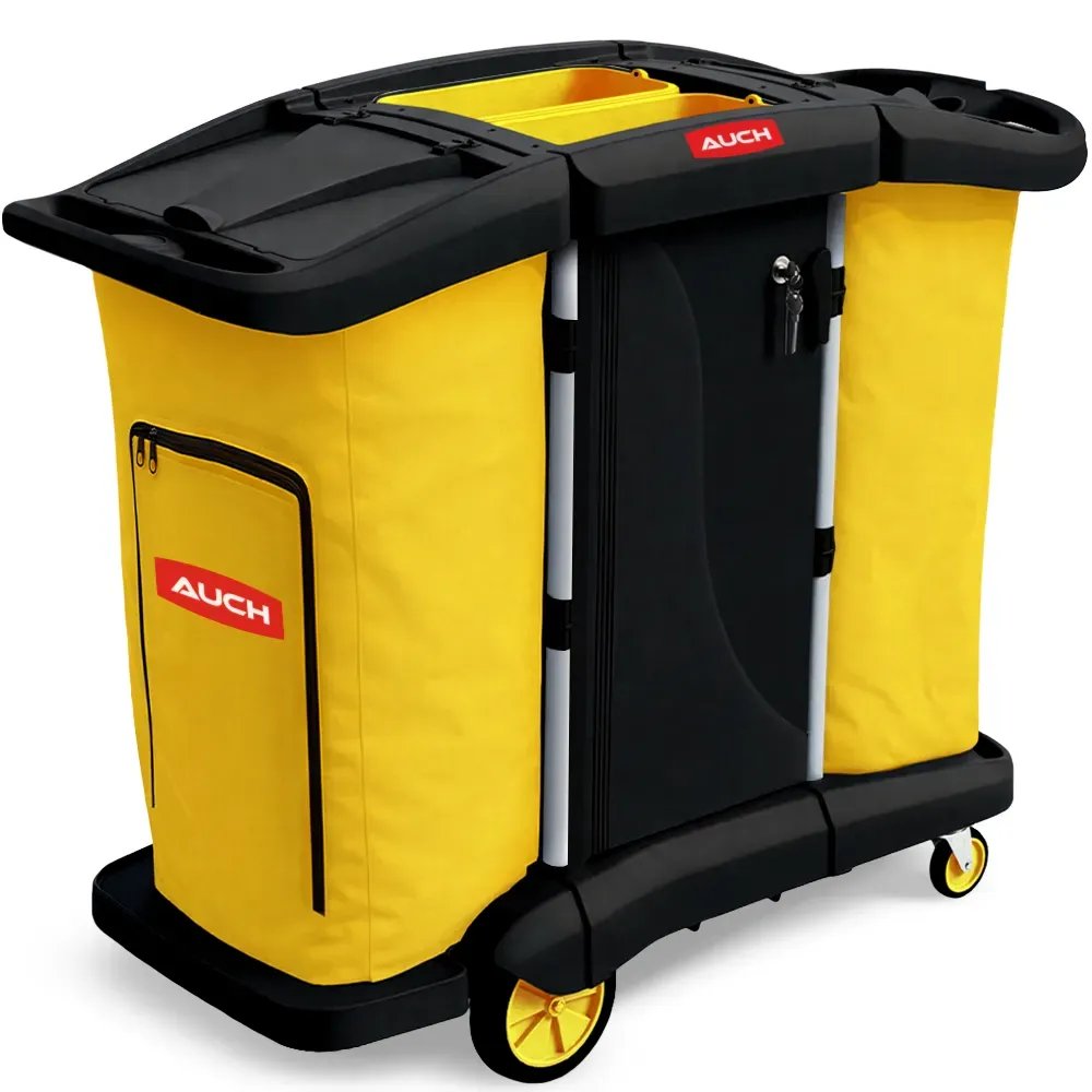 V219-MATJANAC11YB-00 AUCH Double Bag Janitor Cleaning Trolley, Housekeeping Cart, Lockable Cabinet with Storage Tubs, Quiet Wheels, Black - Image 1