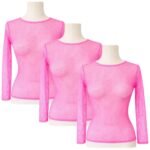 3x Womens Fishnet Mesh Tops Long Sleeve Sheer Stretch See Through - Light Pink - Image 2
