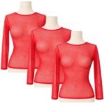 3x Womens Fishnet Mesh Top Long Sleeve Sheer Stretch See Through Costume - Red - Image 2