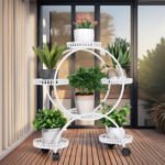 Fin White Metal Plant Stand 6-Potted Flower Pot Holder W Wheels 4 Tier Display Shelf - Image 2