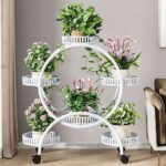 Fin White Metal Plant Stand 6-Potted Flower Pot Holder W Wheels 4 Tier Display Shelf - Image 4