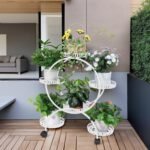 Fin White Metal Plant Stand 6-Potted Flower Pot Holder W Wheels 4 Tier Display Shelf - Image 5