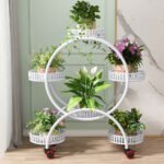 Fin White Metal Plant Stand 6-Potted Flower Pot Holder W Wheels 4 Tier Display Shelf - Image 6