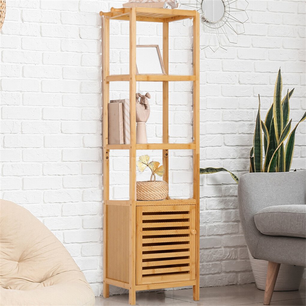 V767-JJ-XZ1142-202602021035-00 Large Bathroom Floor Cabinet Bamboo Storage Cupboard Living Room w/ Hook & Shelf - Image 1
