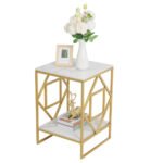 White Marble Gold Side Table Living Room End Accent Table Nightstand with Shelf