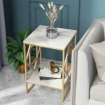 White Marble Gold Side Table Living Room End Accent Table Nightstand with Shelf - Image 3