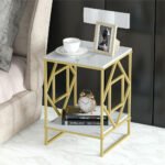 White Marble Gold Side Table Living Room End Accent Table Nightstand with Shelf - Image 4