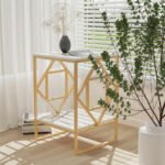 White Marble Gold Side Table Living Room End Accent Table Nightstand with Shelf - Image 6