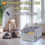 P&P Grey Silver Stainless Steel Cat Litter Box with High Sides, Open Top and Scoop - Image 3