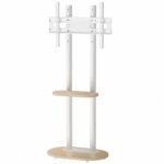 40-75 Inches Heavy Duty Mobile TV Floor Stand with Wooden Shelf, Height Adjustable Rolling TV Mount for Flat Screen, Free-Standing Steel TV Bracket with Wheels