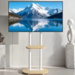 40-75 Inches Heavy Duty Mobile TV Floor Stand with Wooden Shelf, Height Adjustable Rolling TV Mount for Flat Screen, Free-Standing Steel TV Bracket with Wheels - Image 2