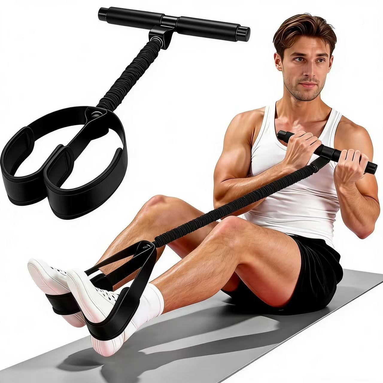 V888-ELOSUNG18425-202603171610-00 Black Multifunctional Pedal Resistance Band - Home Fitness Sit-up Assistant with Foot Pedals and Elastic Pull Rope - Full Body Workout Equipment for Abs, Arms, Legs and Glutes - Image 1