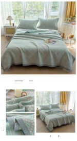 Grey and Green Cotton Three-Layer Gauze Bed Cover Set - Reversible Vintage Printed Blanket with Two Pillowcases for Year-Round Use(120*150cm) - Image 3